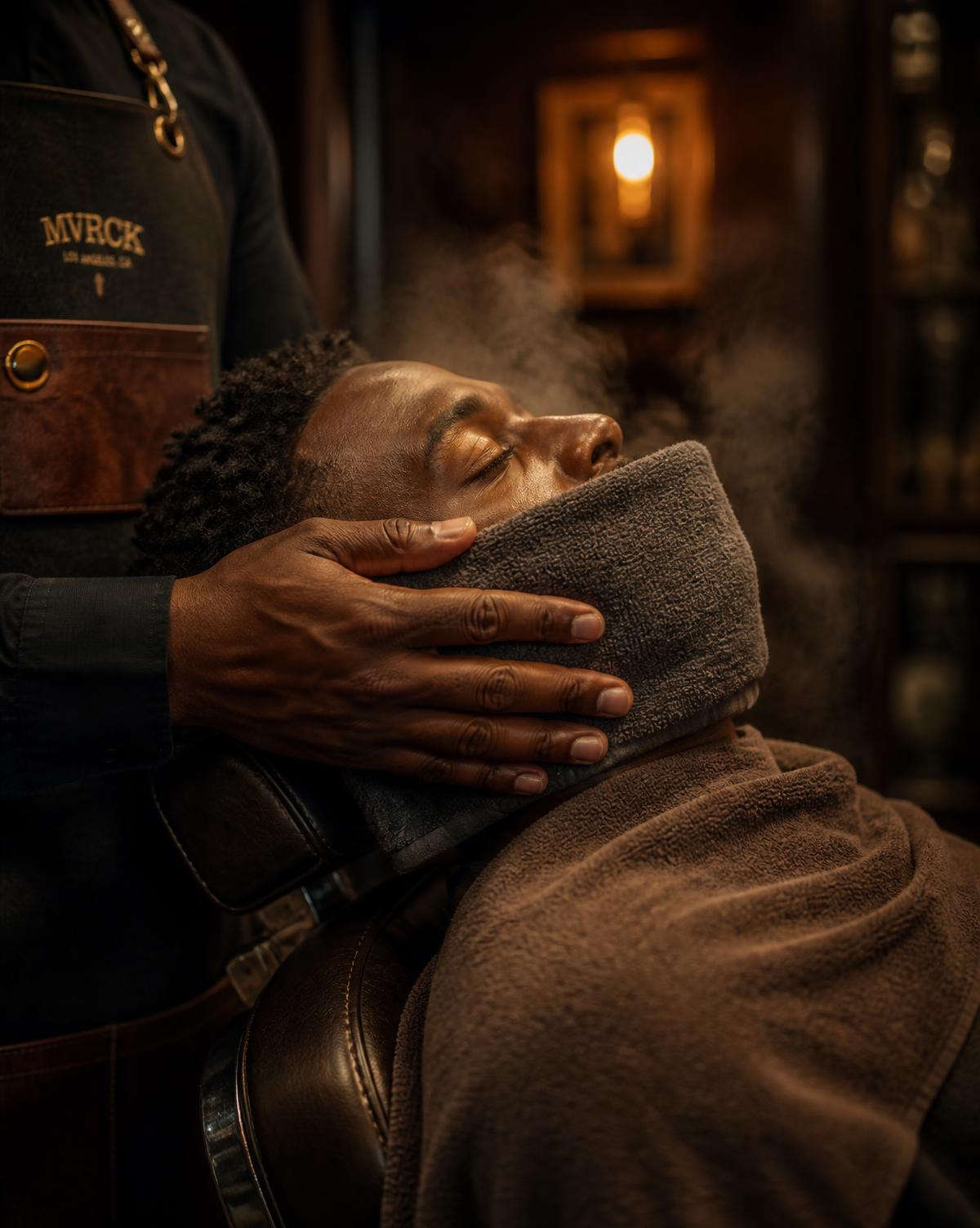 Hot towel ritual being performed on a client at Noir & Crown