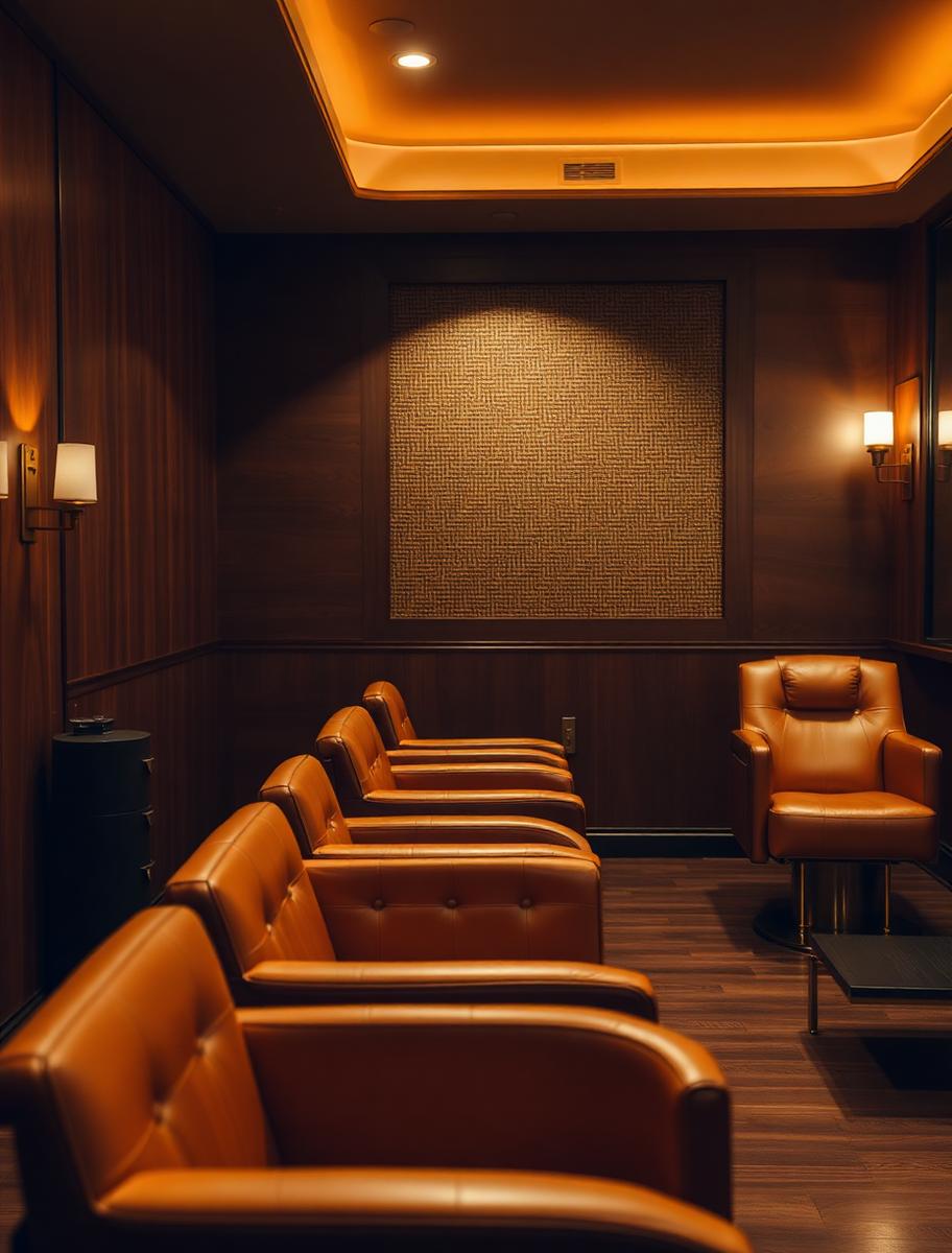 Tan leather armchairs and woven wall panel in the Noir & Crown lounge