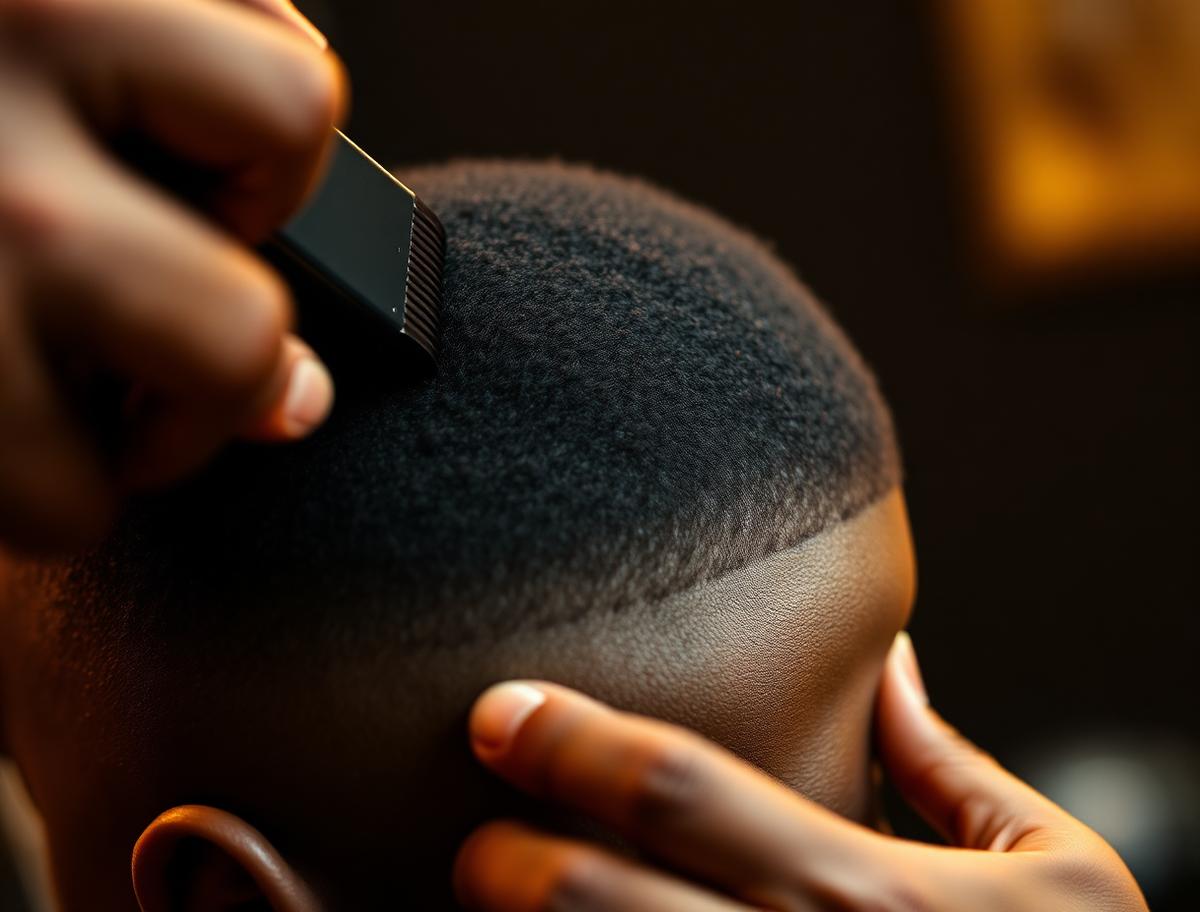 Clippers carving a crisp fade line at the nape of a client's head