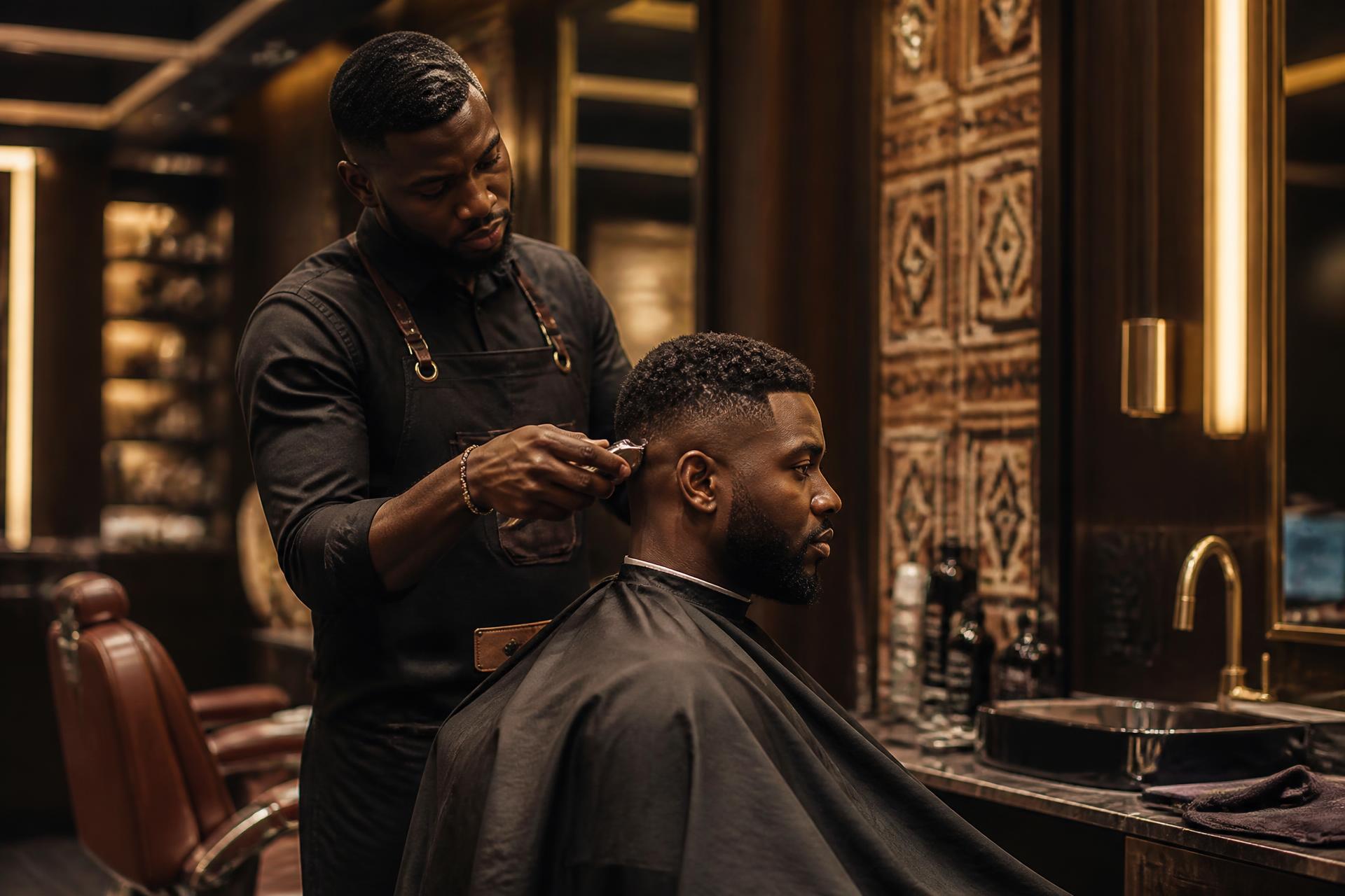 Nigerian barber shaping a client's fade inside the warm, gold-lit Noir & Crown studio in Abuja