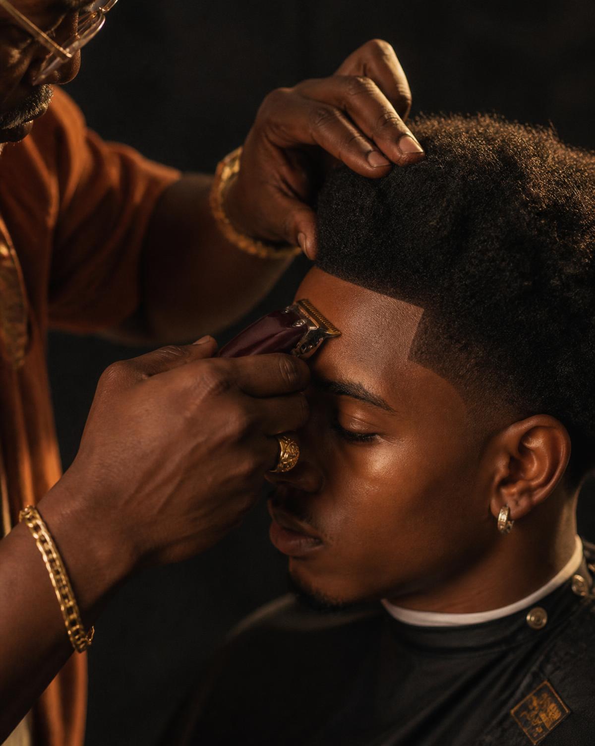 Close-up of a barber shaping hair with scissors and comb