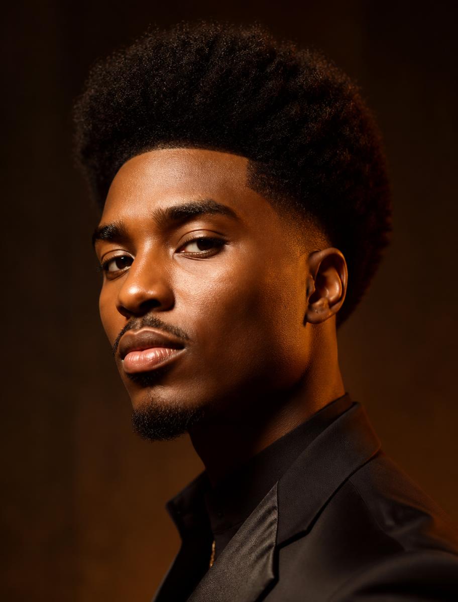 The Sculpted Afro — Full volume on top, clean taper at the sides.