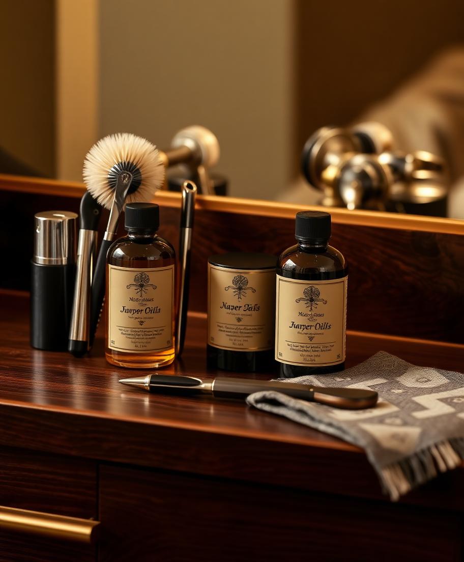 Barber tools and grooming oils beside a patterned cloth