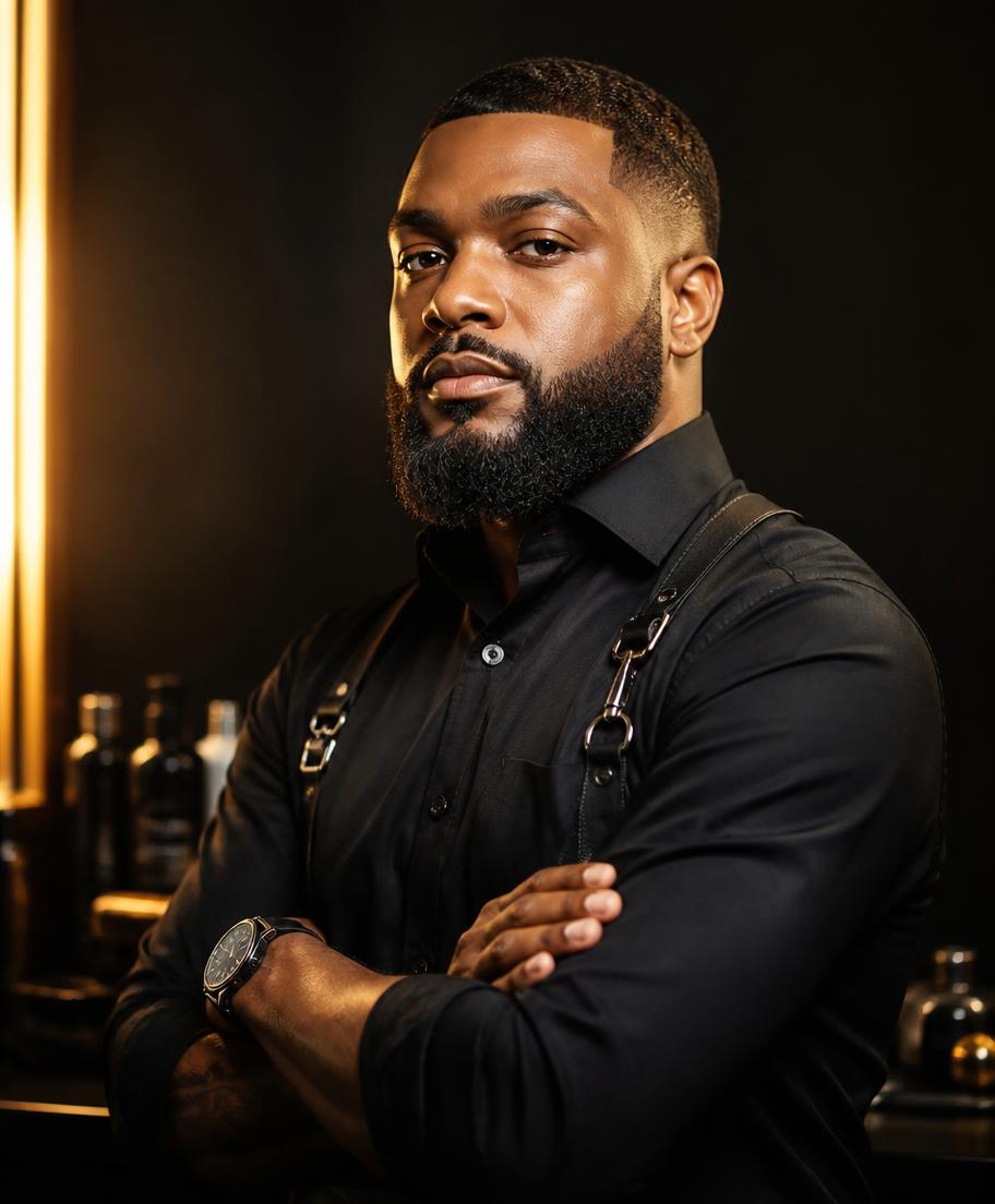 Portrait of Marcus Adeyemi, Creative Director & Master Barber at Noir & Crown Abuja
